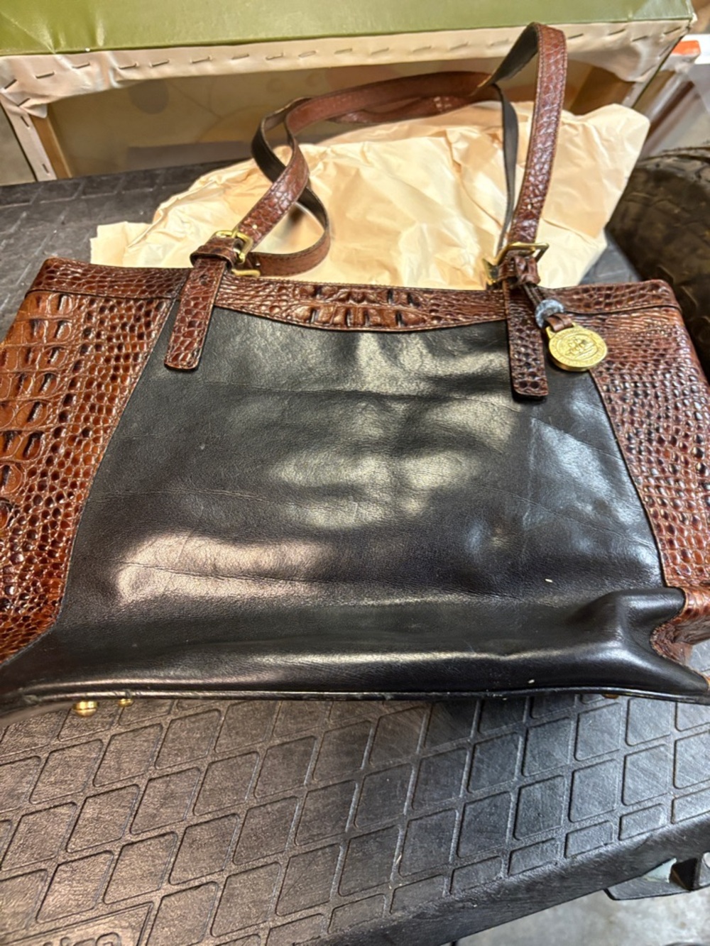 Brahmin Black Leather Tote with Brown Croc-Embossed Trim